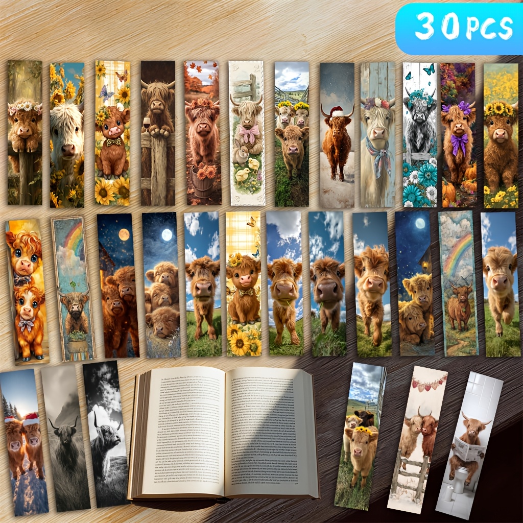 TEMU 30pcs Cute Highland Cow And Floral Pattern Bookmarks, New Durable Bookmarks, Gifts For Your Ones, Exquisite Design, Clear Patterns. Festival