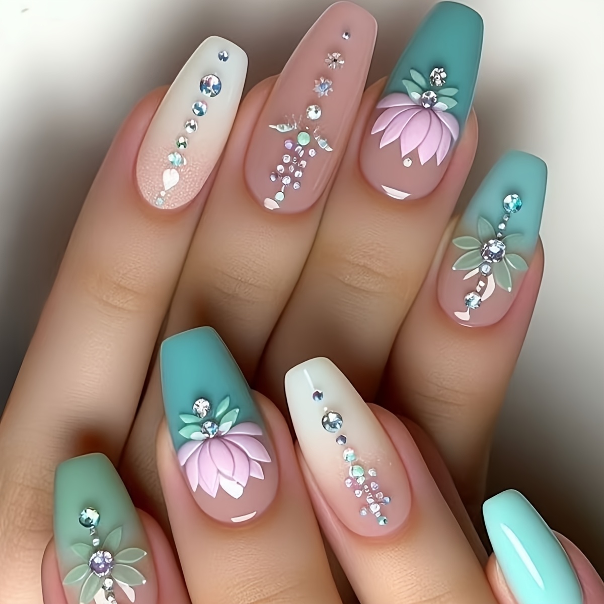 

24pcs Press-on Full Cover Fake Nails, With Green Gradient Dotting For Lotus Flower, Glitter For And Beautiful Look