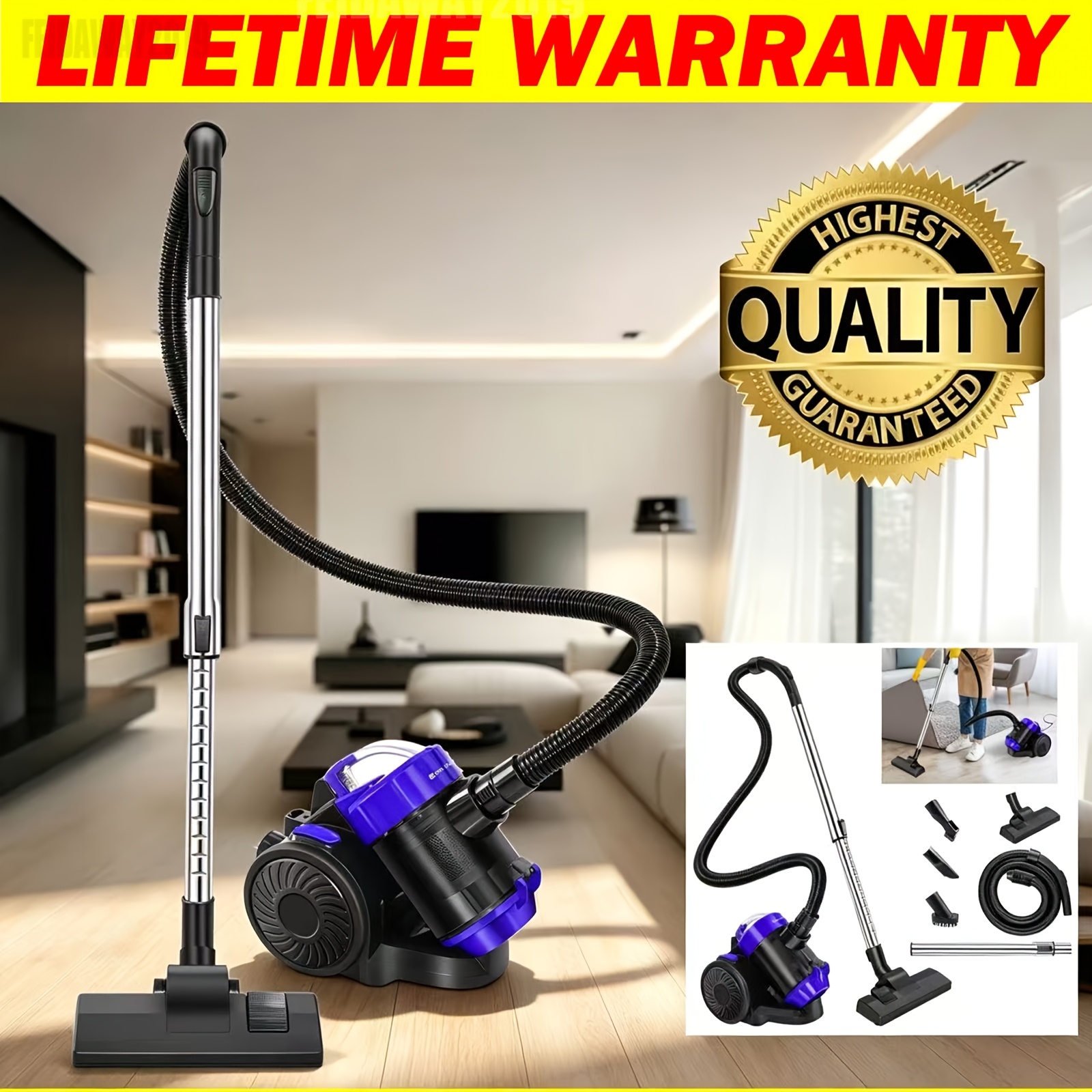 TEMU Bagless Cylinder Handheld Vacuum Cleaner With Attachments, Powerful Hepa Filter And Nozzle Set For Hard Floors, Stairs, Pet Hair, Carpet Cleaner