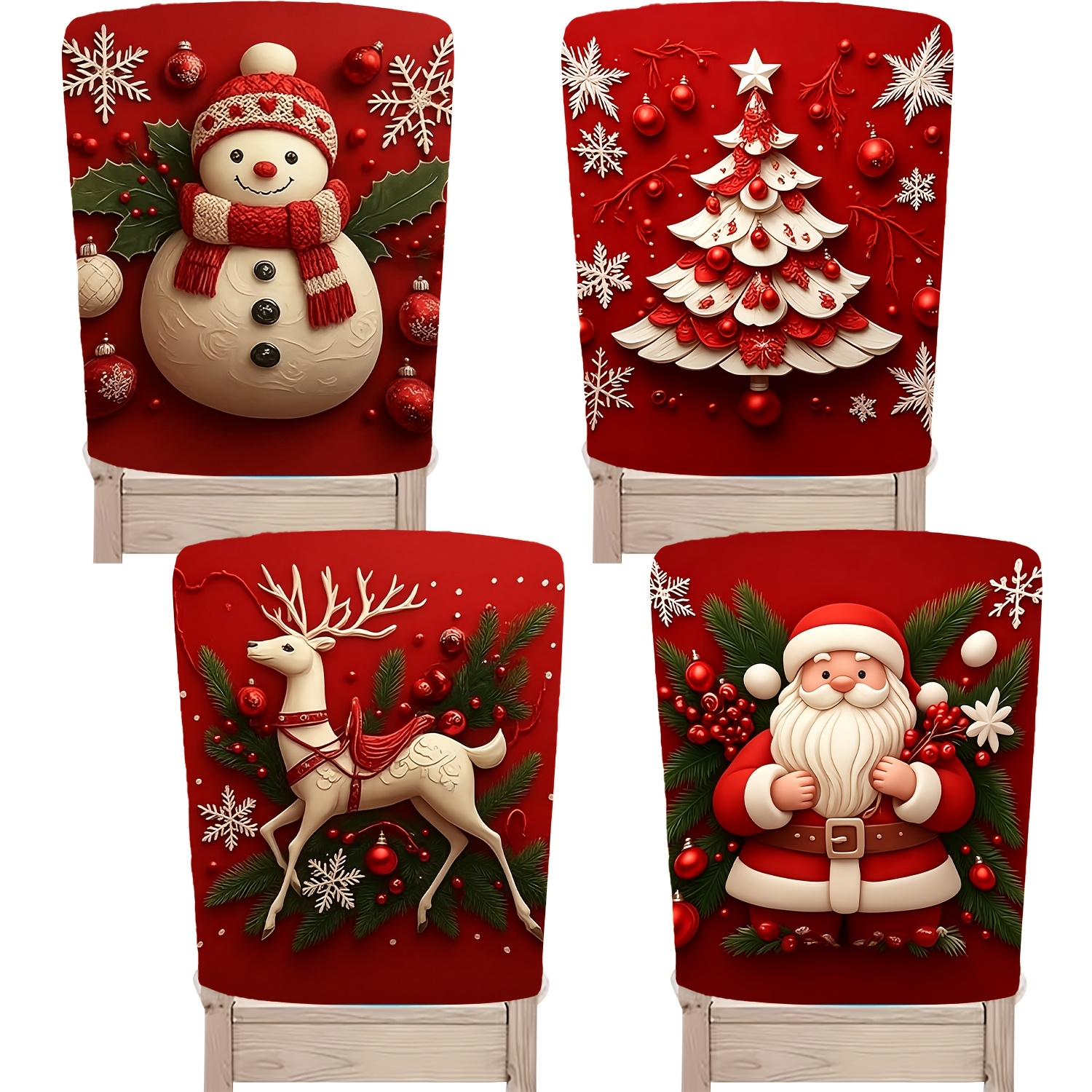 TEMU Lot de 4 housses de chaise de Noël charmantes, housses de chaise décoratives Père Noël et sapin de Noël, de neige et , décoration de fête sur le
