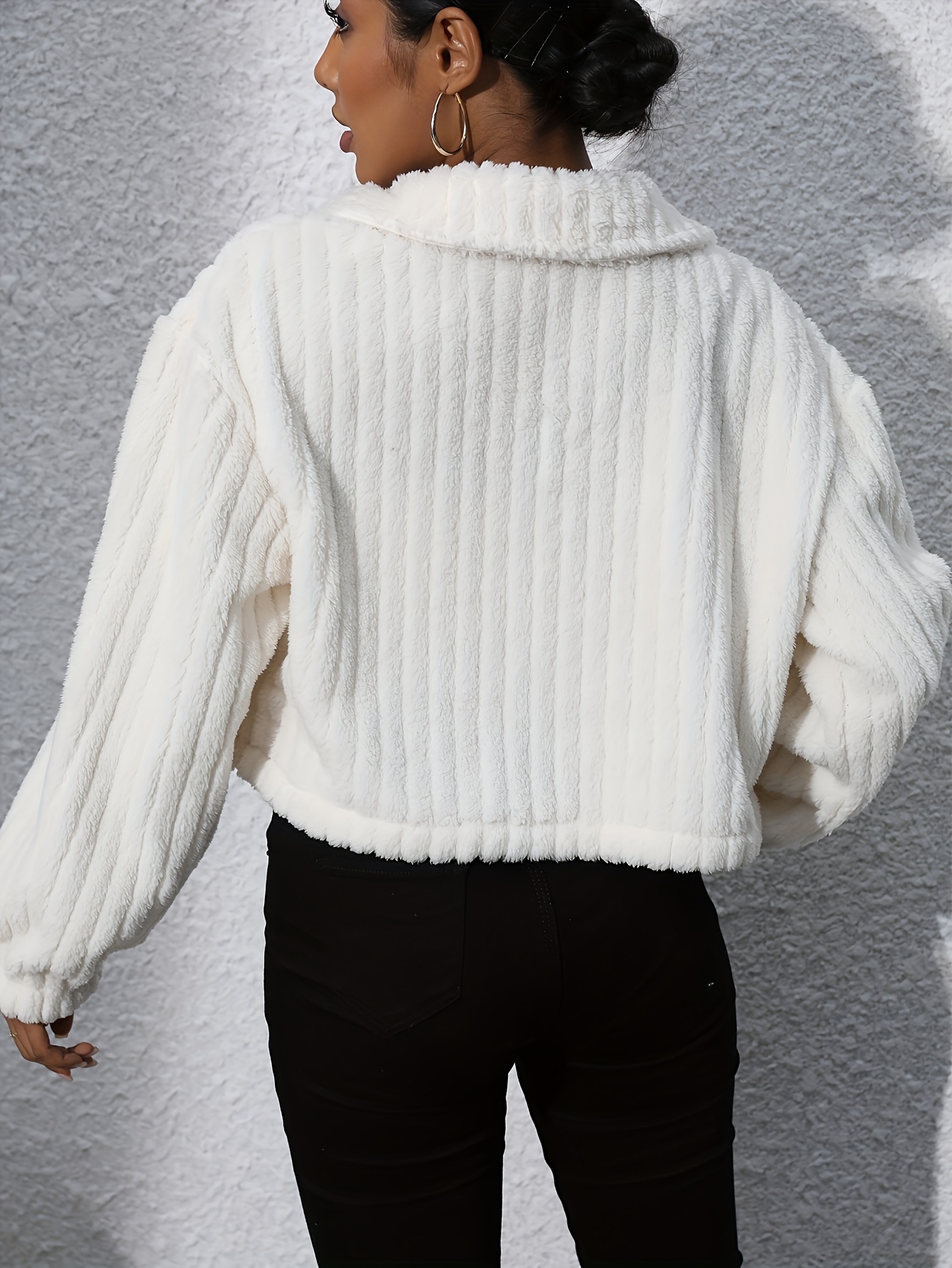 womens plush white   with pockets casual lapel collar     for casual attire casual outerwear plush jacket lapel collar jacket beige 2