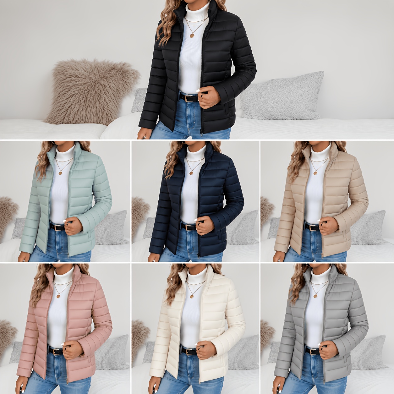 Women's Spring Slim-Fit Lightweight Warm Solid Color Jacket - Elegant, Stylish, and Versatile Beautiful Jacket - Stand Collar Zipper Long Sleeve - Casual Padded Polyester Fiber Cropped Coat - Seasonal Transition Jacket - High-Quality Classic Popular