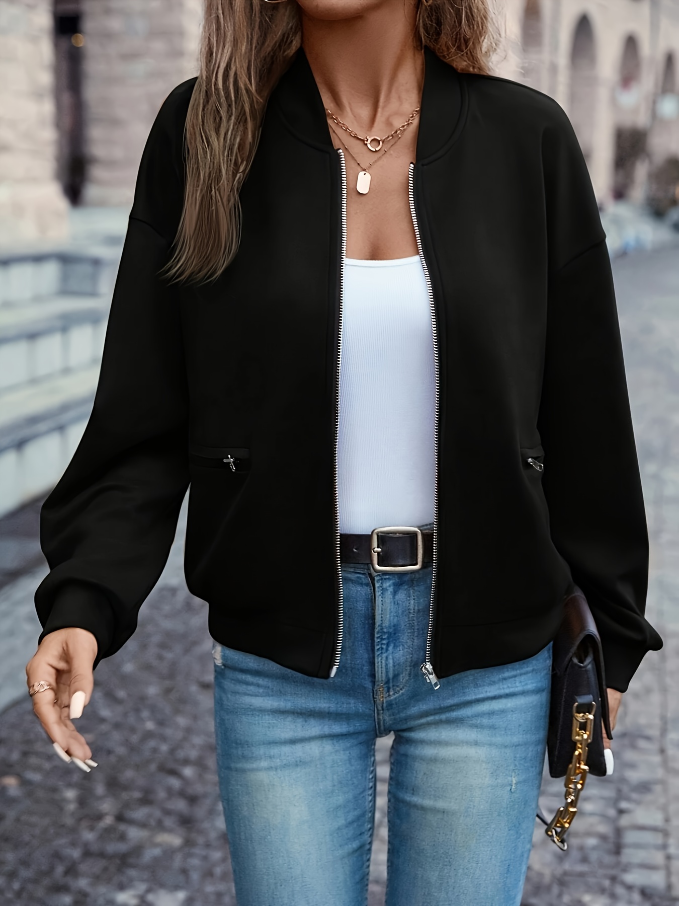 Chaqueta con cierre para mujer, estilo piloto, manga larga, negra y elegante, con bolsillos, ideal para primavera y otoño, lavable a máquina, moda versátil, chaqueta para todas las estaciones | Chaqueta con cremallera | Chaqueta con cierre