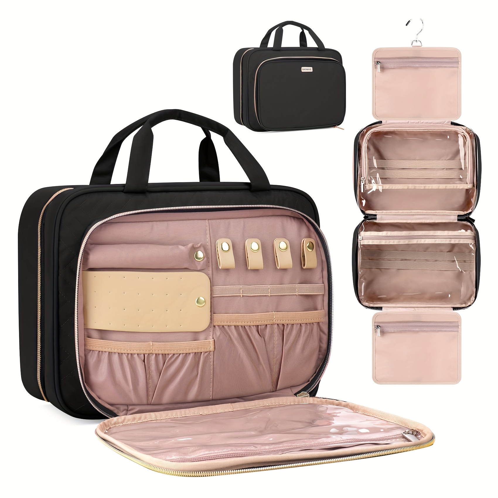 8l travel toiletry bag with jewelry organizer for women 2 1 gal water resistant makeup cosmetic bag with hanging hook for accessories shampoo full size container black