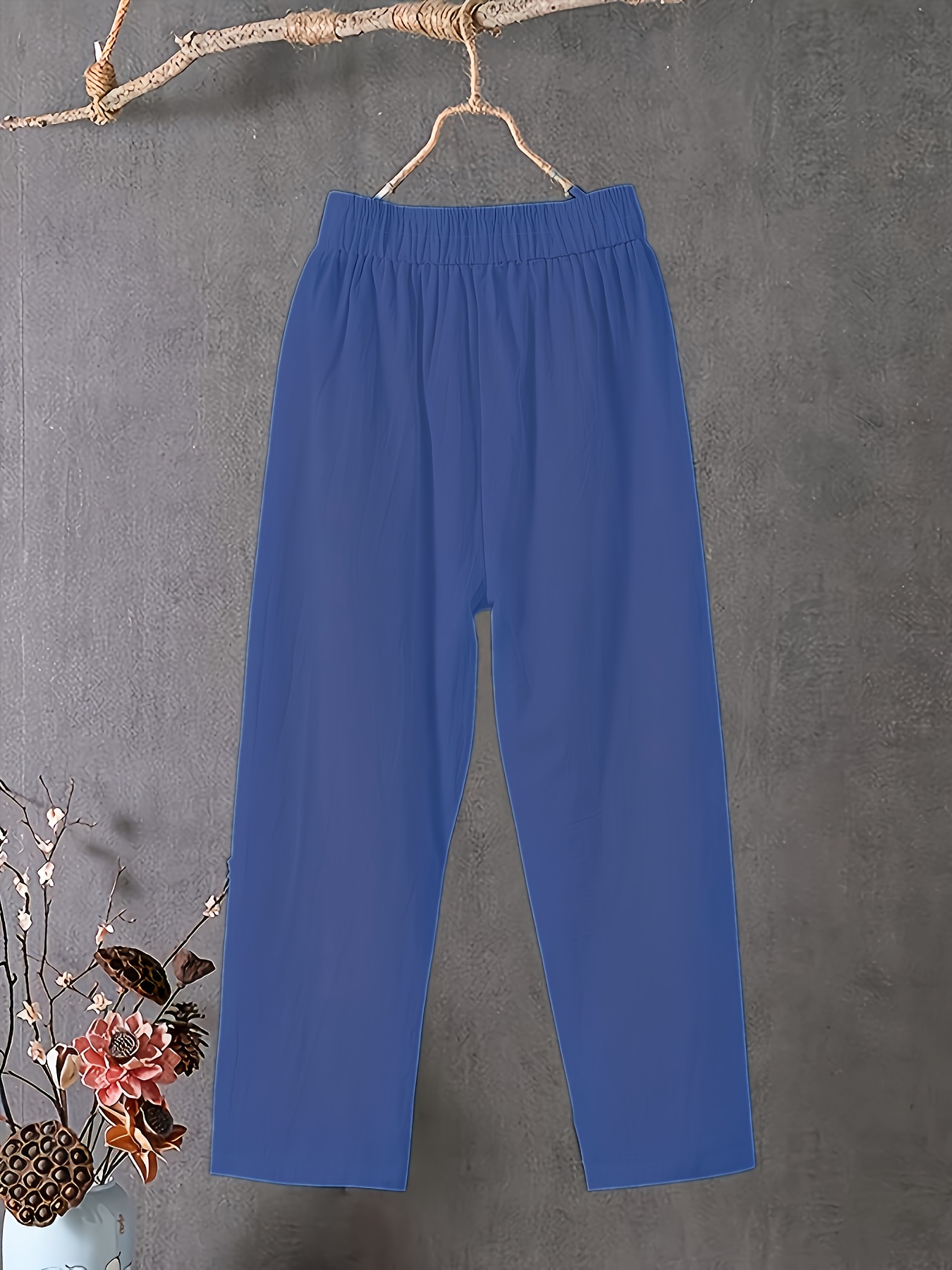 Women's Plus Size Lightweight Straight-Leg Pants - Casual White Harem Style, Elastic Waistband, Polyester, Machine Washable for Spring/Summer/Fall