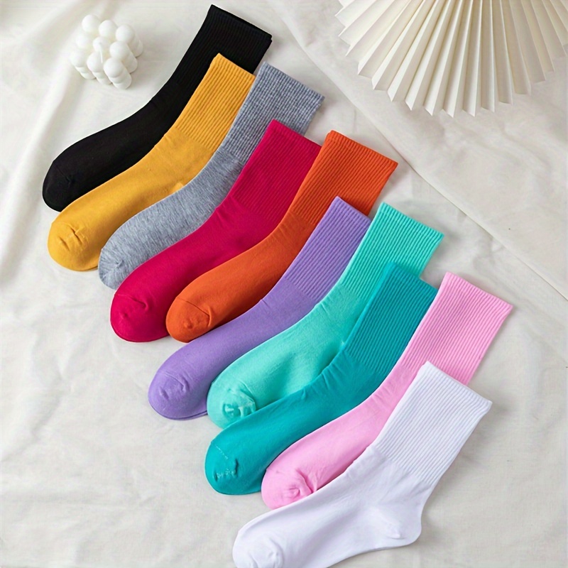 

10pcs Women's Mid-calf Socks - Soft Polyester & Spandex , Stretchy & Breathable, Sports & Casual Wear