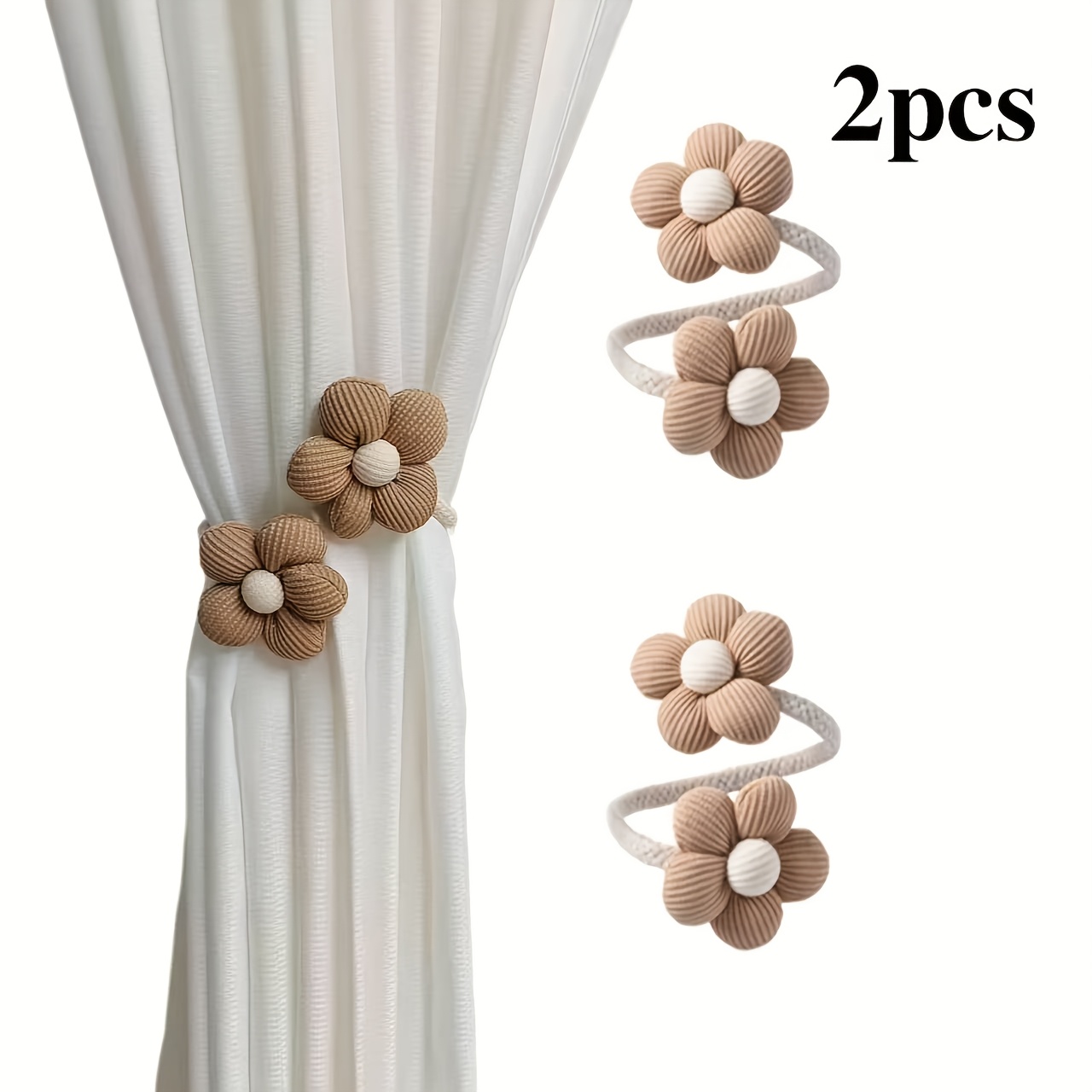 TEMU Juego de 2 piezas de estilo bohemio, ganchos para cortinas de flores para y dormitorio, cuerda de tejido para colgar, hebilla de torsión para