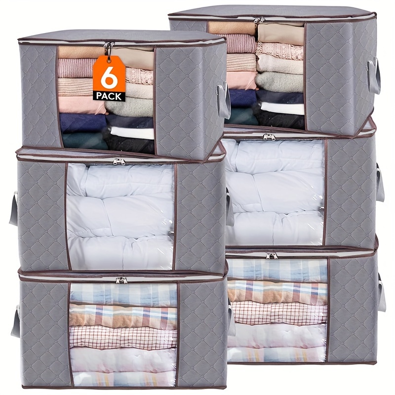 

6-pack Grey Foldable Storage Bags With Handles, Multi- Closet Organizer Containers, Non-woven Material, Transparent Window, Zipper For Home Organization