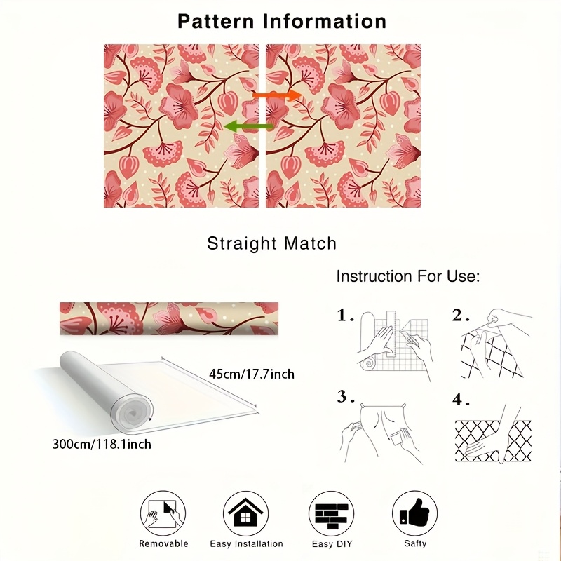 Papier Peint Adhésif Floral Rose PVC 300x45cm – Déco Murale Facile Pour Salon, Chambre, Bureau