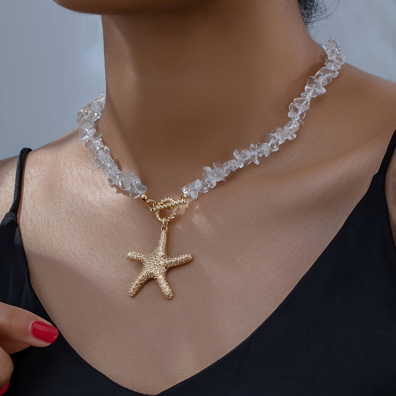 

1pc Starfish Pendant Beaded Necklace Ocean Style Ot Buckle Chain Beach Party Jewelry For Women