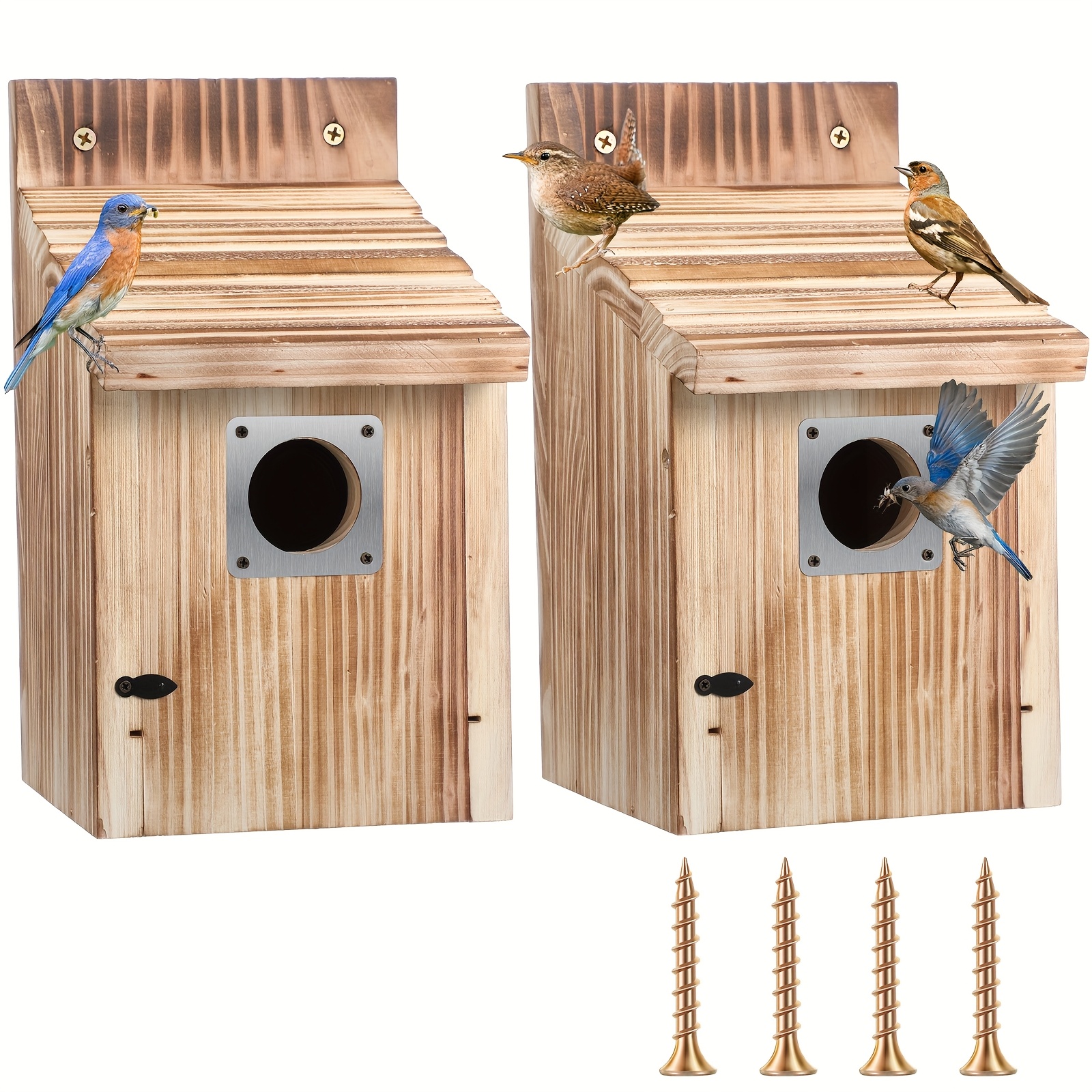 TEMU 3 Pack Cedar Bluebird Bird Houses For Outside - Cedar Wood Box With Metal , Secure Latch & - Outdoor Finch & Swallow Nesting Boxes With Air