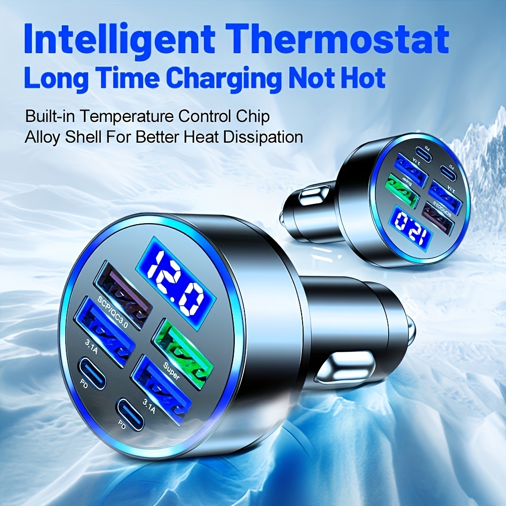 Datangwin, 6-in-1 Fast Car Charger with USB-C, Dual PD & QC3.0, 4 USB Ports, Voltage Display - Compatible with iPhone, Samsung, Huawei, Xiaomi - Matte Finish, Portable Charger, Car Charge, Without Battery