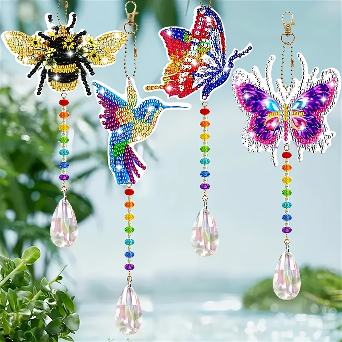 

4-pack Animal Themed Diamond Painting Kits - Round Acrylic Crystal Pendant Wind Chimes With Double-sided Butterfly Design For Wall Decor And Special Occasions