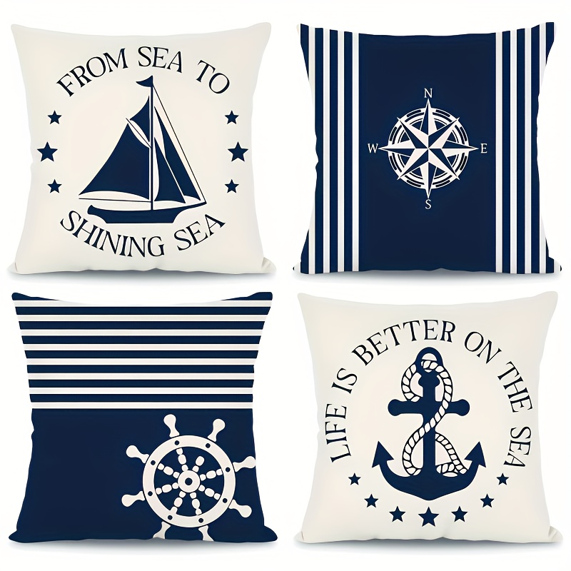 TEMU 4pcs Nautical Style Pillow Covers, And Beige Main Tones Compass, , Anchor Outdoor Camping Cushion Covers, Polyester Fabric Pillowcases, Square