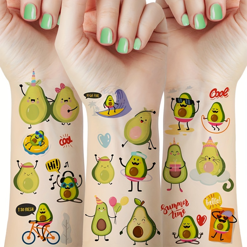 

Cartoon Avocado Temporary Tattoos - 2 Sheets, Waterproof And Long-lasting Fake Tattoo Stickers, Fruit Party Decorations, Body Art Accessories, Oblong Shape