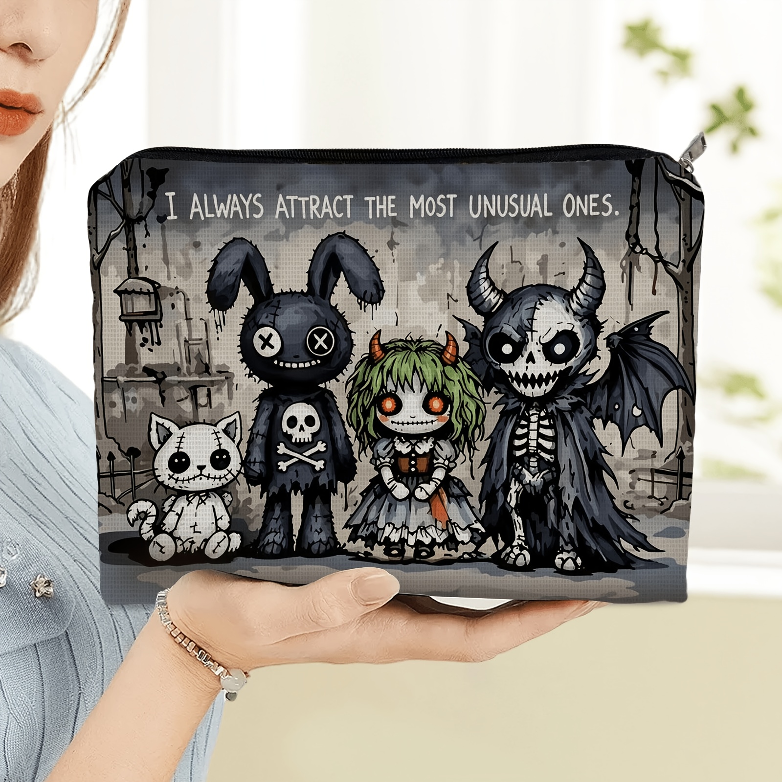 TEMU 1pc Halloween Polyester Double-sided Small Makeup Bag, 5.9in X 8.66in Graveyard Whimsical Dark Character Printed Pouch, Portable Travel Toiletry