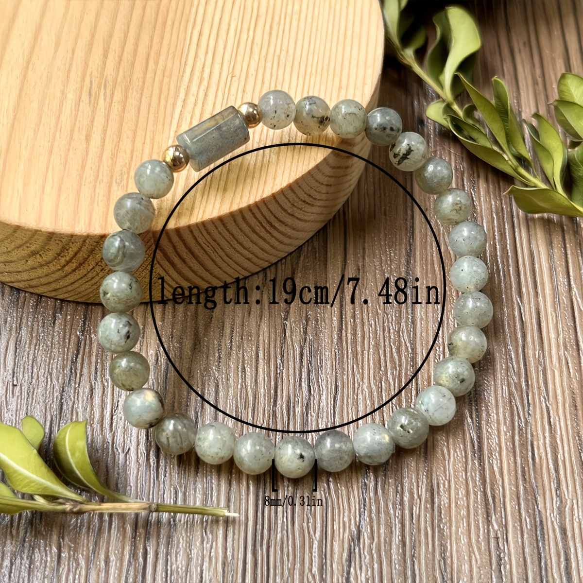 TEMU Pulsera elástica con dije cilíndrico de labradorita - Cuenta de labradorita blanca de 6 mm para fortalecer la intuición y proteger el aura,