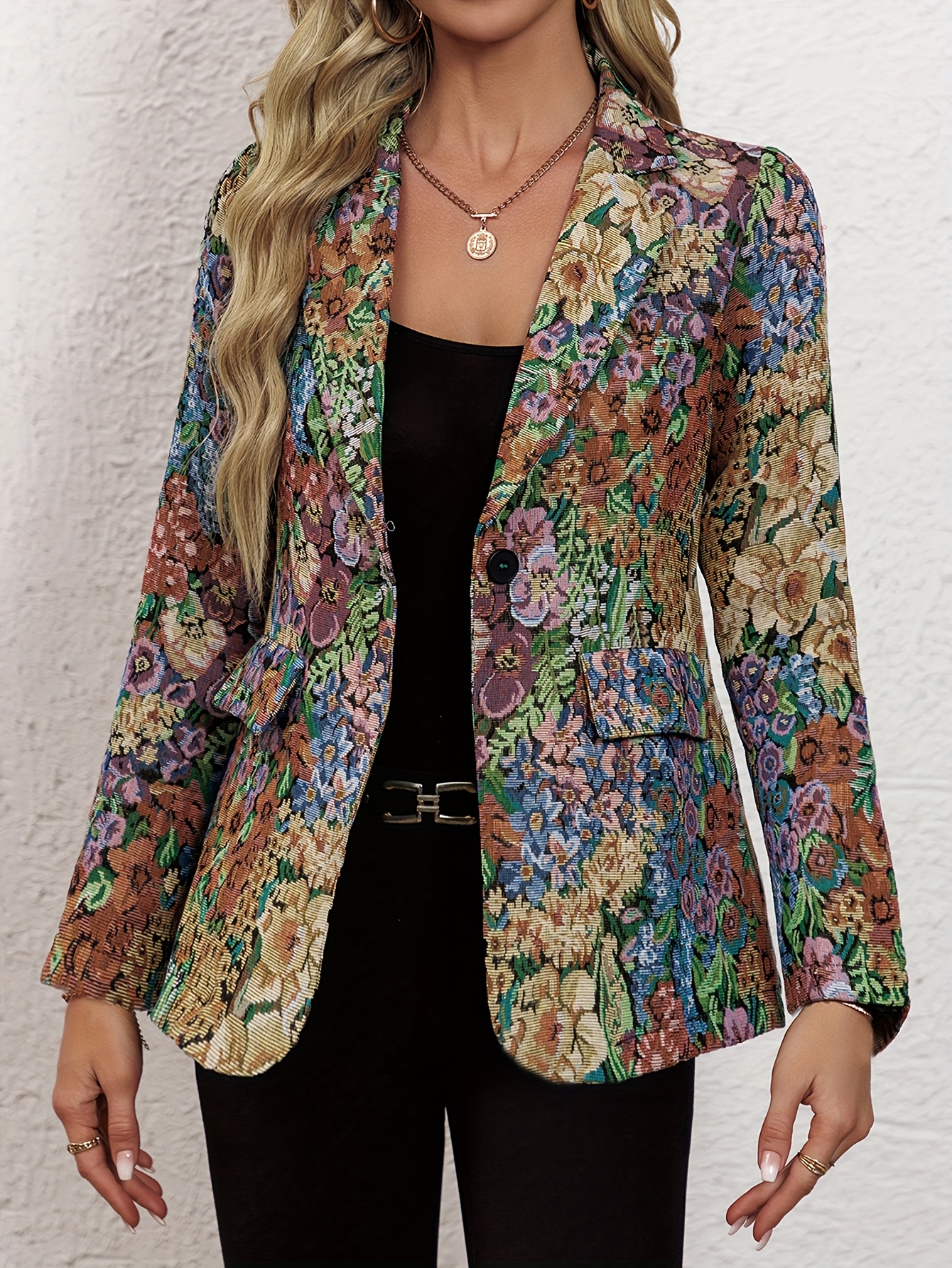 Vintage Floral Single Breasted Lapel Blazer, Elegant Long Sleeve Blazer For Work & Office, Women's Clothing