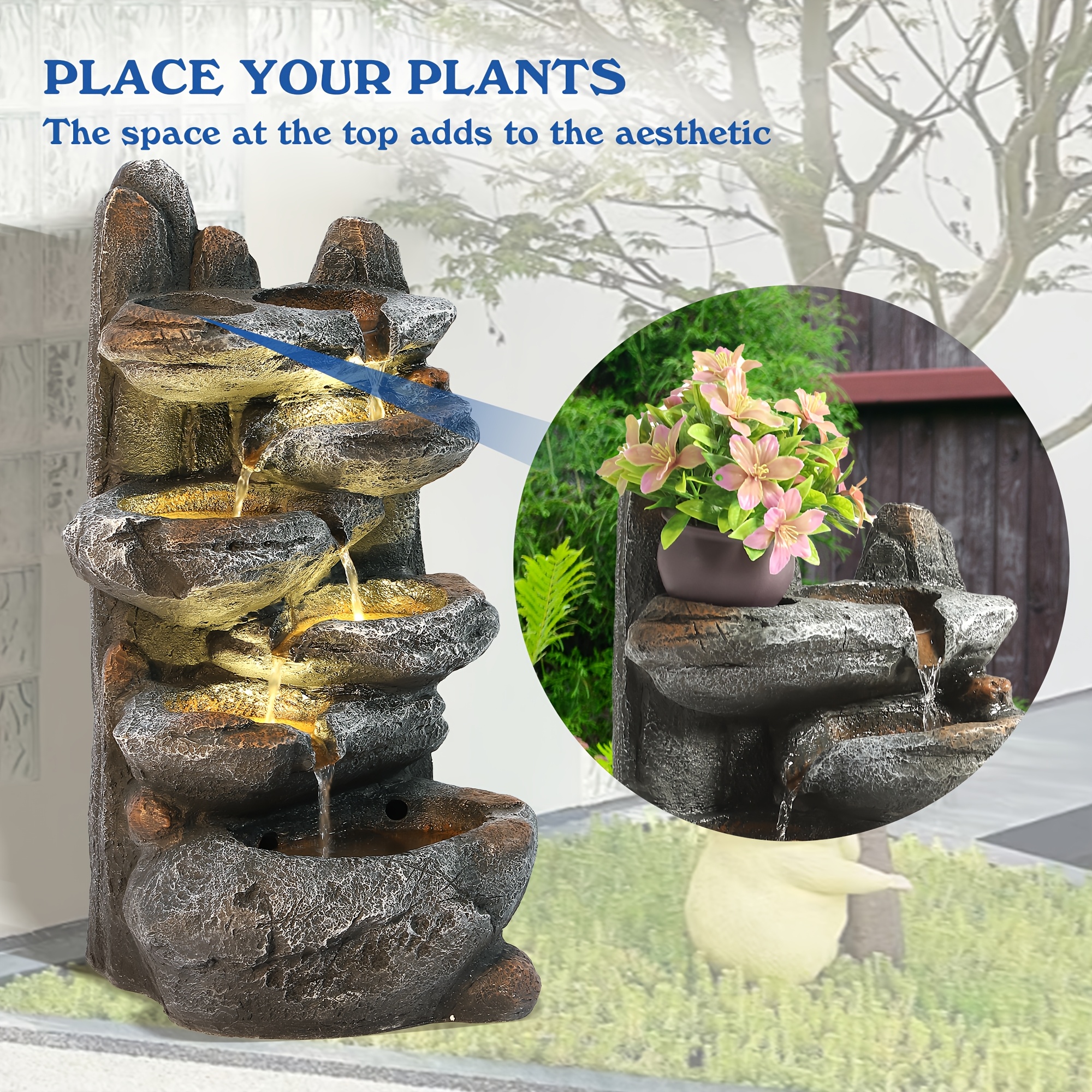 [Soothing Rockery Fountain] 6-Tier Cascading Rockery Outdoor Fountain | Garden Floor-Standing Stone Waterfall with Pump, Rocky Peak Decor - Soothing Tranquility Water Fountain for Home Garden Yard, 26