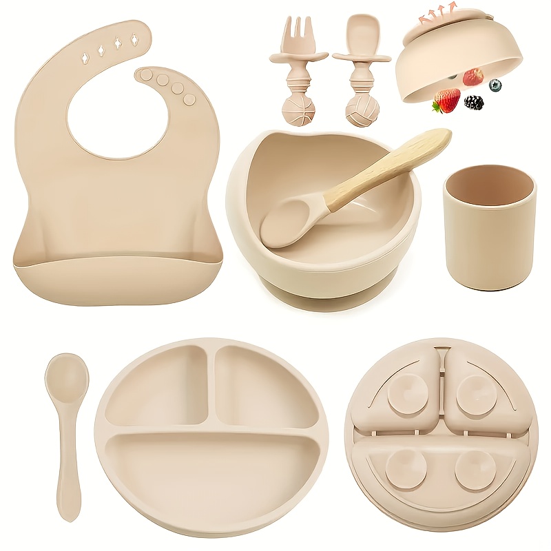 imagen del artículo juego de 8 piezas de utensilios de alimentación de silicona para bebé,   cuenco con  ,   divisor, cuchara, tenedor, vaso con boquilla, babero ajustable, juego de vajilla para niños pequeños para autoalimentación,   para 0-3 años,   para que los bebés   de forma