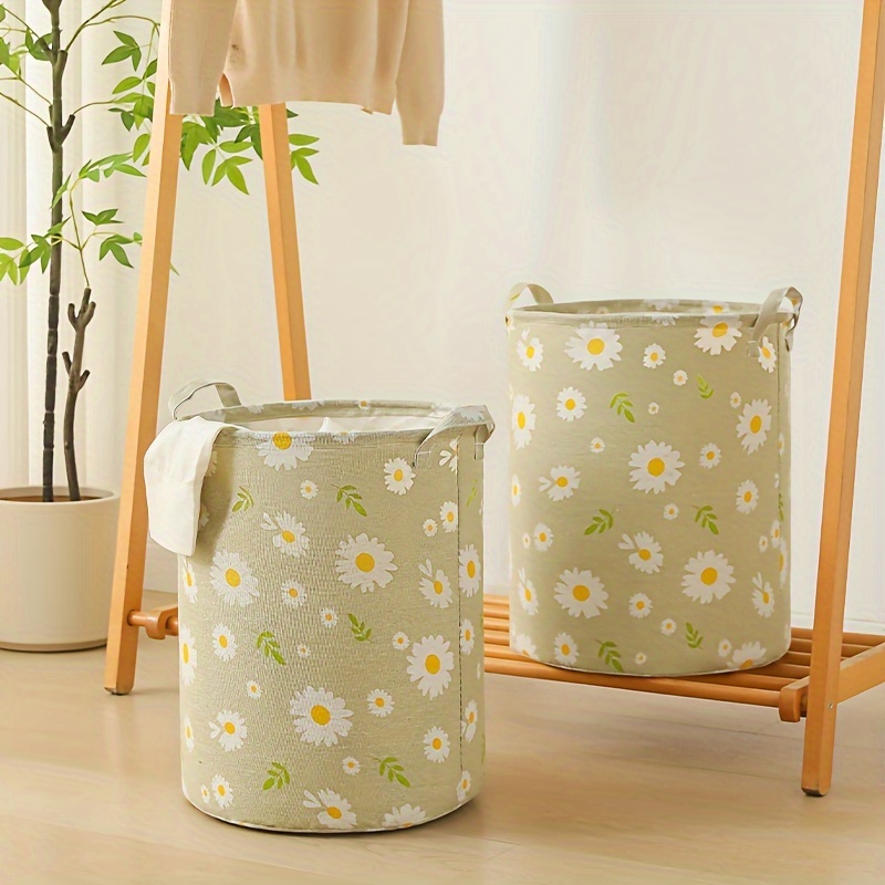 

1pc Daisy Print Collapsible Laundry Basket With Handles, Polyester Round Storage Bin For Bedroom, Bathroom, And Laundry Room - Casual Style, Suitable For Clothing Organization And Storage