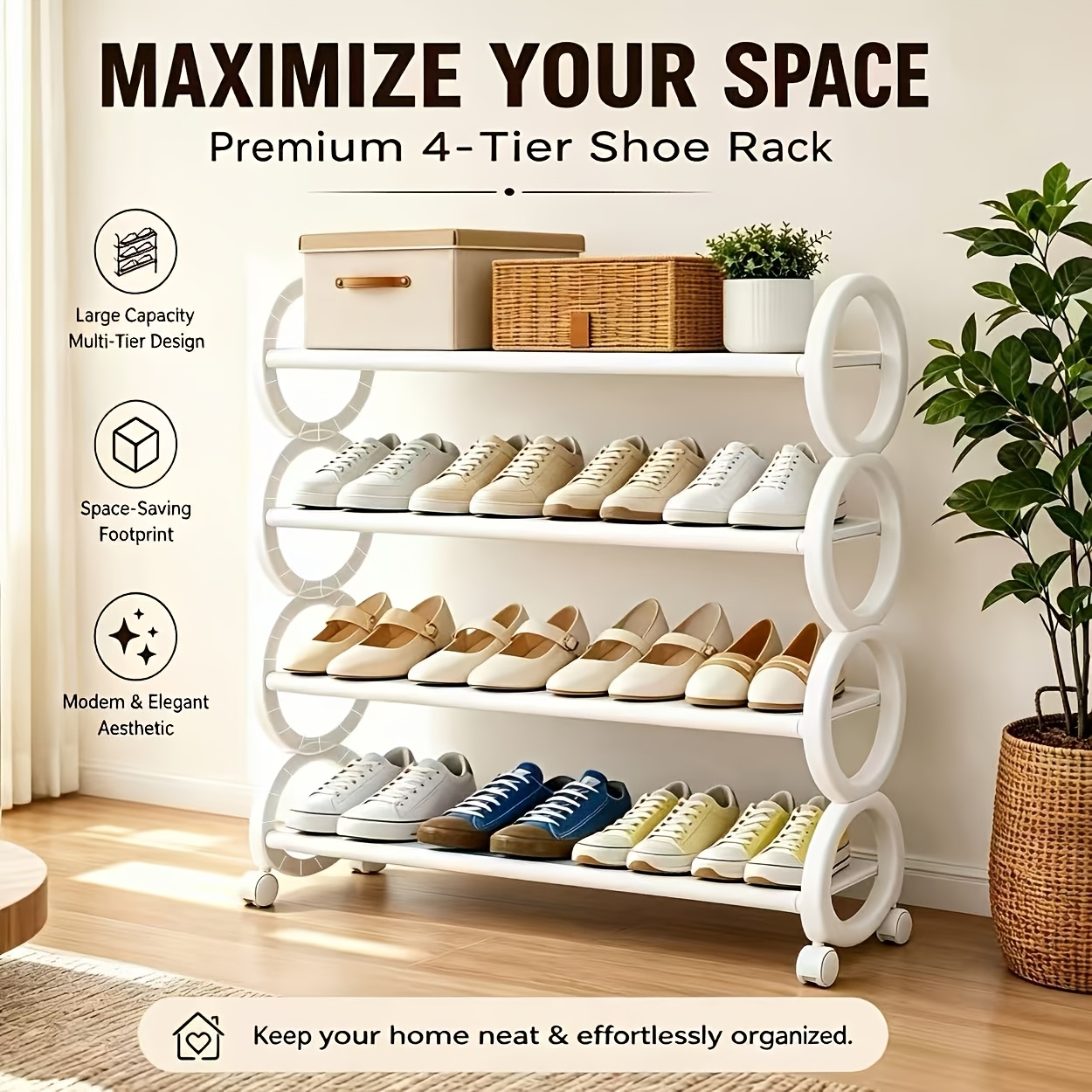 TEMU Large Capacity Shoe Rack, Household Entryway Multi-functional Shoe Storage Organizer, Black And White Shelving Unit, Space- Multi-tier Shoe And