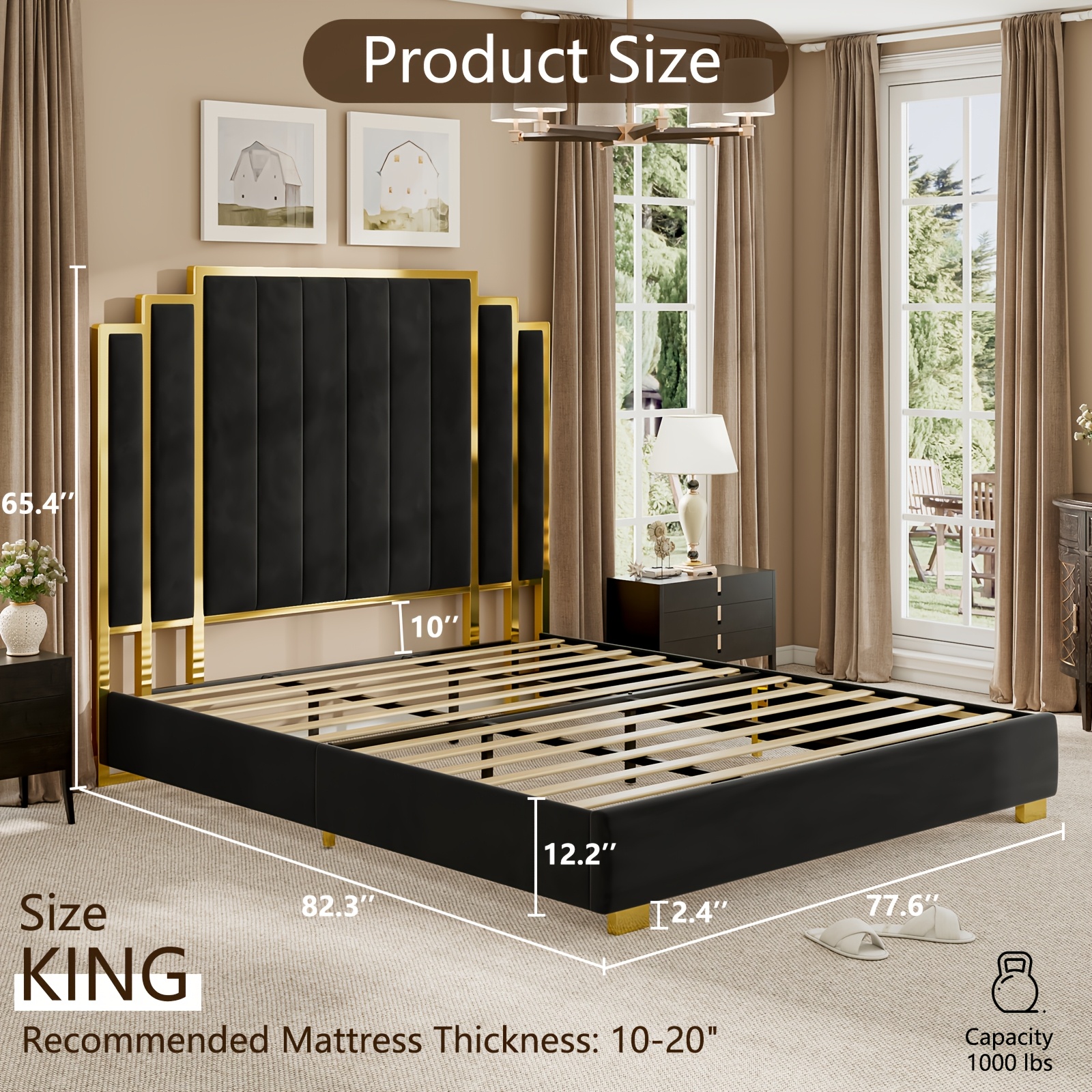 LUXOAK Modern Upholstered Bed Frame with 65