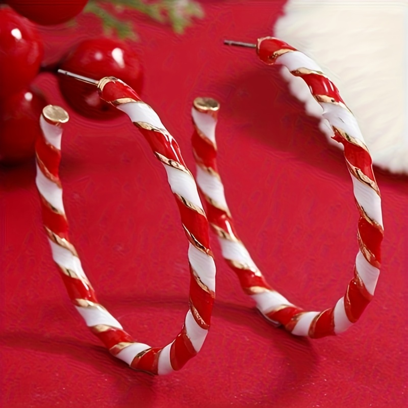 TEMU 1 Pair Women's Large Hoop Earrings Red Cane Striped Enamel Twisted Hoops Jewelry For Christmas, Parties & Wear, Oversized Hoop Earrings Gift