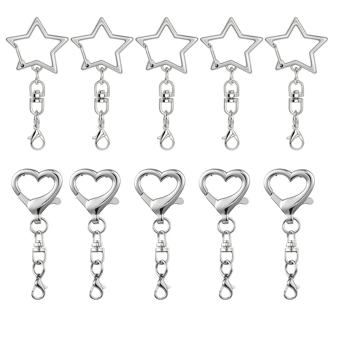 TEMU 10/18pcs Silvery Heart-shaped And 5 Pointed -shaped Keychain, Handmade , Suitable For Use In Work Card Hanging Ropes, Keychains, Diy Craft
