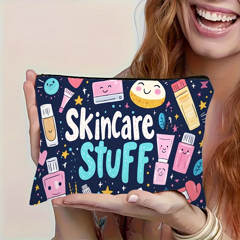 TEMU "skincare Stuff" Cosmetic Bag - Cute Makeup Pouch With Skincare & , Durable Polyester Zipper Travel Organizer For Toiletries, Sanitary Pads,