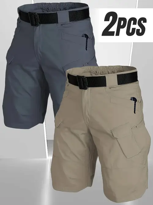 2 pack mens work shorts outdoor casual combat style multi pocket lightweight polyester loose fit elastic waistband free trekking shorts for hiking work everyday use dark gray green beige black hiking apparel sporty style shorts rugged outdoor wear camping gear