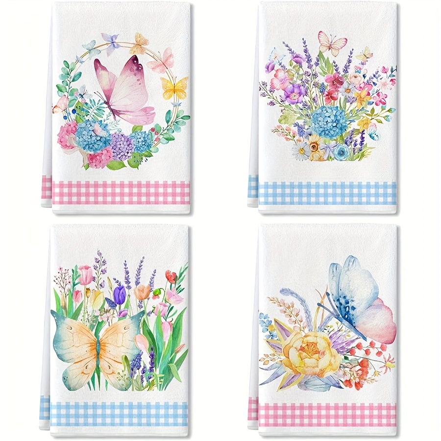 

4-pack Vintage Floral & Embroidered Microfiber Dish Towels, Knit Fabric Tea Towels For Kitchen, Cooking, Baking, Home Decor, 45x70cm