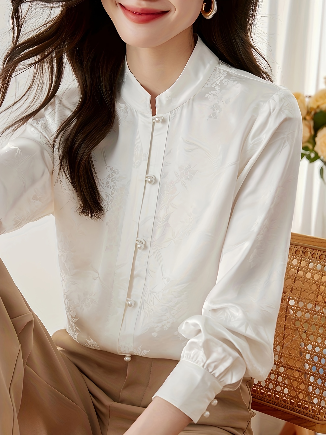 シャツ/ブラウス(長袖/七分) Vintage Jacquard satin china blouse vintage chinese style floral bird jacquard long sleeve satin
