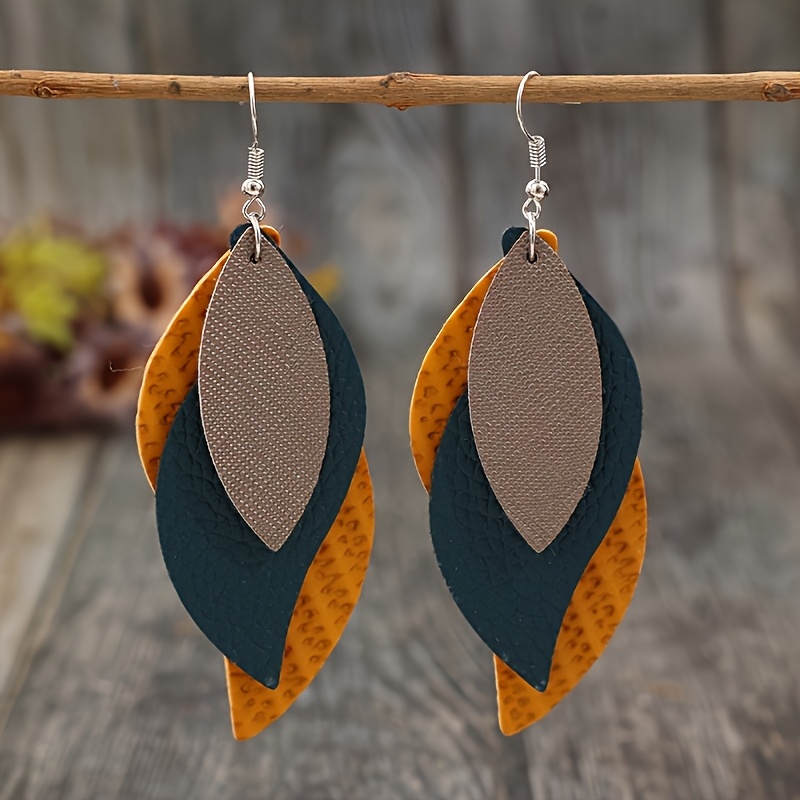 TEMU 1 Par de Aretes de Moda Estilo Bohemio de 3 Capas con Hojas Apiladas, Sin Batería