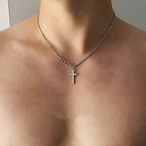 elegant minimalist cross pendant necklace for men iron chain with alloy cross no gemstone inlay versatile accessory for casual attire religious jewelry sleek pendant design durable iron chain