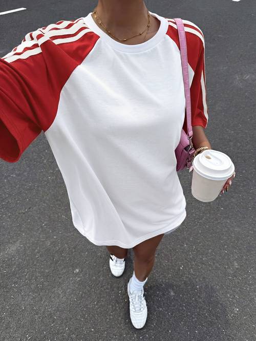gestreiftes damen t-shirt mit schräger passform, rundhalsausschnitt, off-shoulder, locker, lässig, sommer