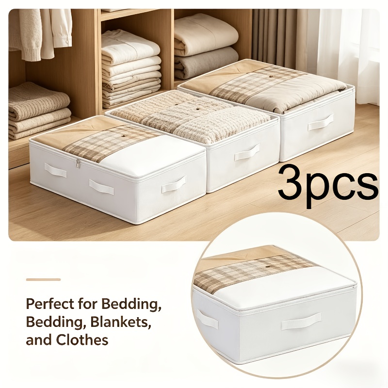 TEMU Lot de 3 de rangement blancs pliables sous le lit pour couvertures, vêtements, édredons, oreillers, solutions de rangement encombrantes pour une