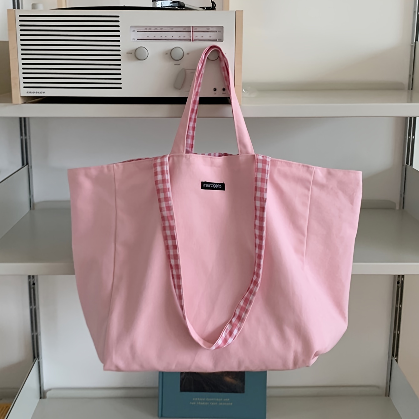 

Reversible Canvas Tote Bag, Plaid Pattern Shoulder Bag, Double-sided Handbag For School Work Travel Shopping