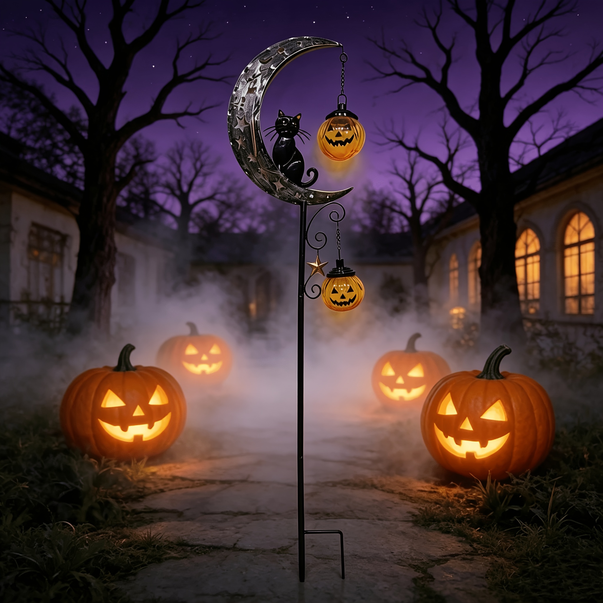 TEMU 【3D】 [3D] Piquet de jardin d'Halloween, (Non , Non électrique) Lanterne double citrouille croissant. Décoration de cour, pelouse, cour, ornement