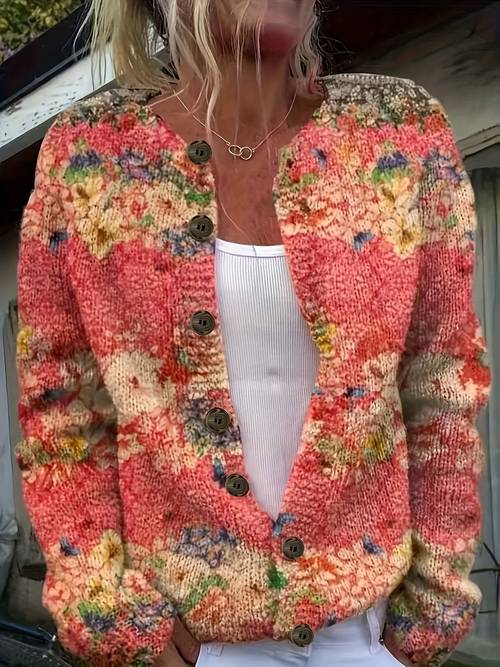 plus size plus size womens casual floral print cardigan long sleeve round neck lightweight sweater jacket with buttons plus size