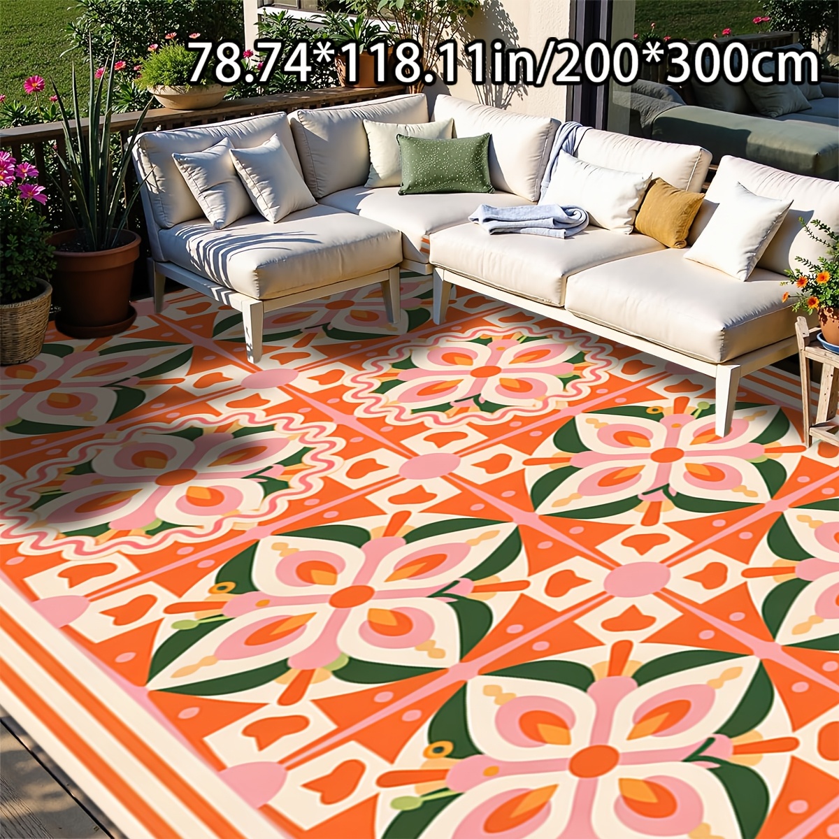 TEMU Soft Plush With A Dotted Plastic Backing. This Home Decor Rug Features A Versatile Outdoor Decorative Style Filled With Orange And Pink Floral