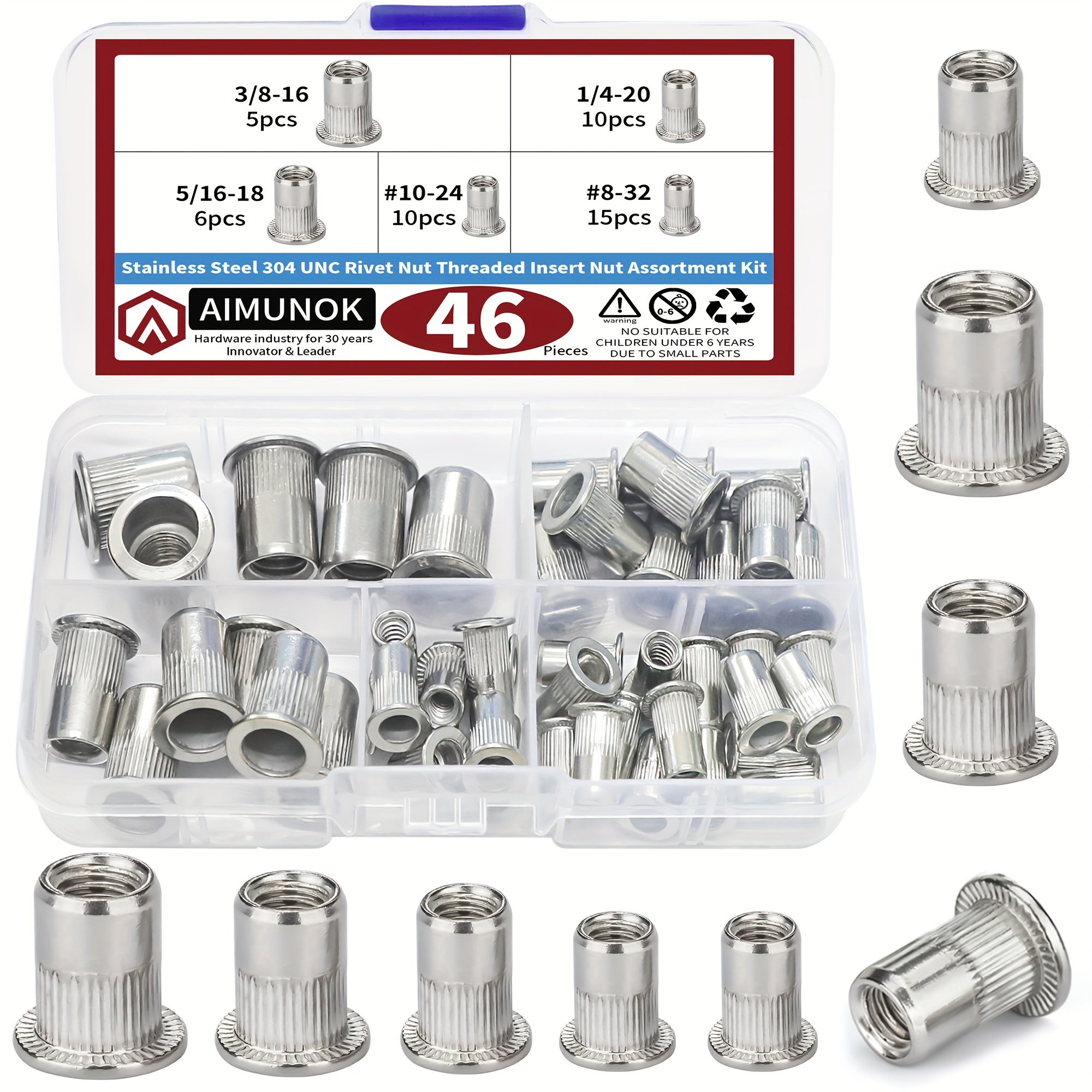 

46pcs Sae Rivet Nuts Nutserts Assortment Kit, 304 Stainless Steel Insert Nut Assort #8-32#10-24 1/4"-20 3/8"-16 5/16"-18