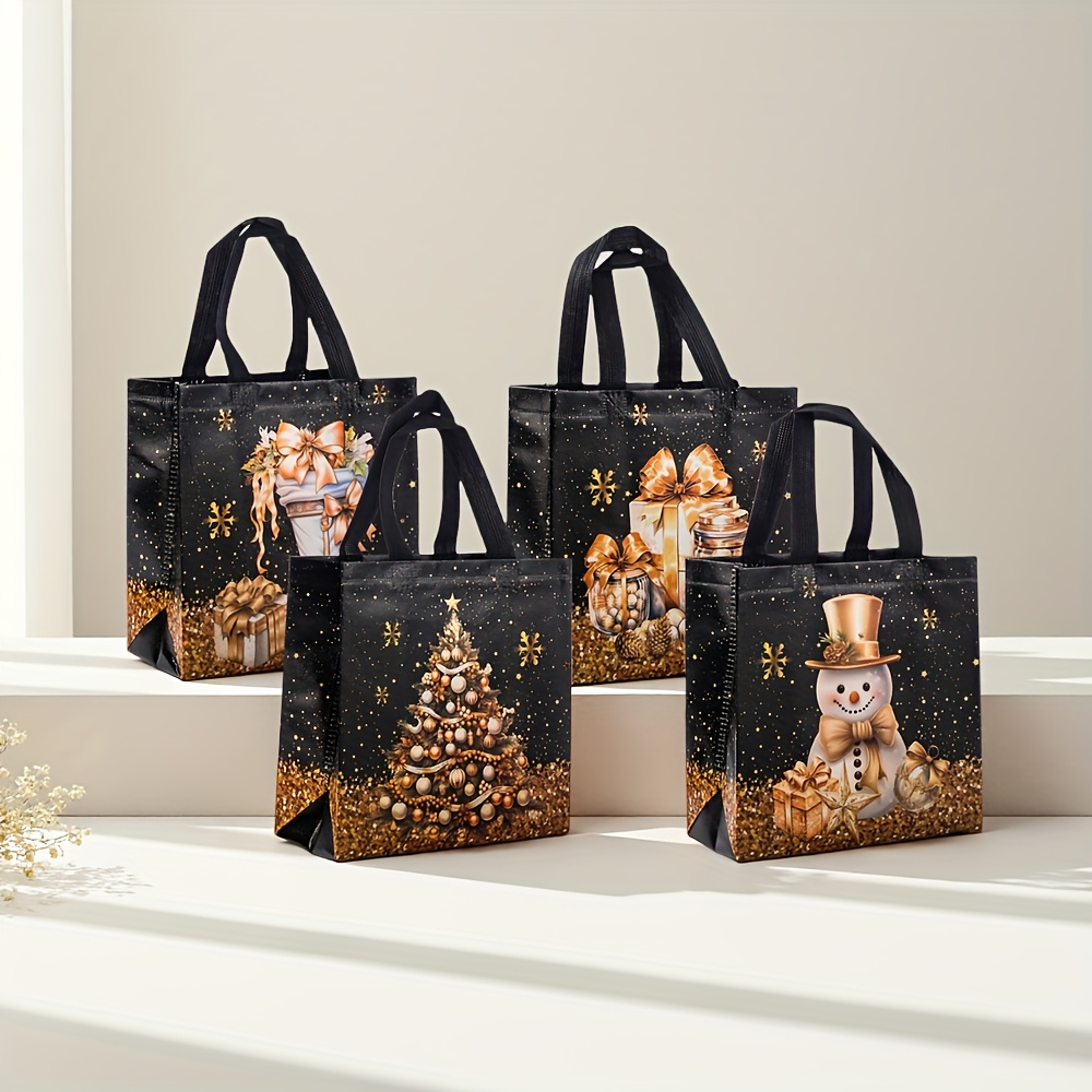 20pcs festive christmas gift bags snowman tree stocking design black golden with handles non woven tote bags for holiday parties 9x8 46x4 33 inches christmas gift bags