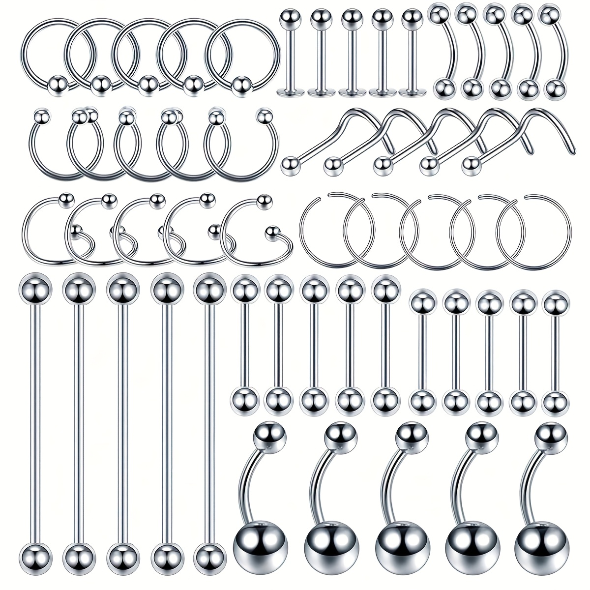 Image of 55-100pcs Piercing Kit Jewelry 14g 16g 20g Nose Rings Lip Studs Tongue Rings Stainless Steel Cartilage Earrings Tragus Eyebrow Industrial Barbell Belly Rings Body Piercing Kit Jewelry