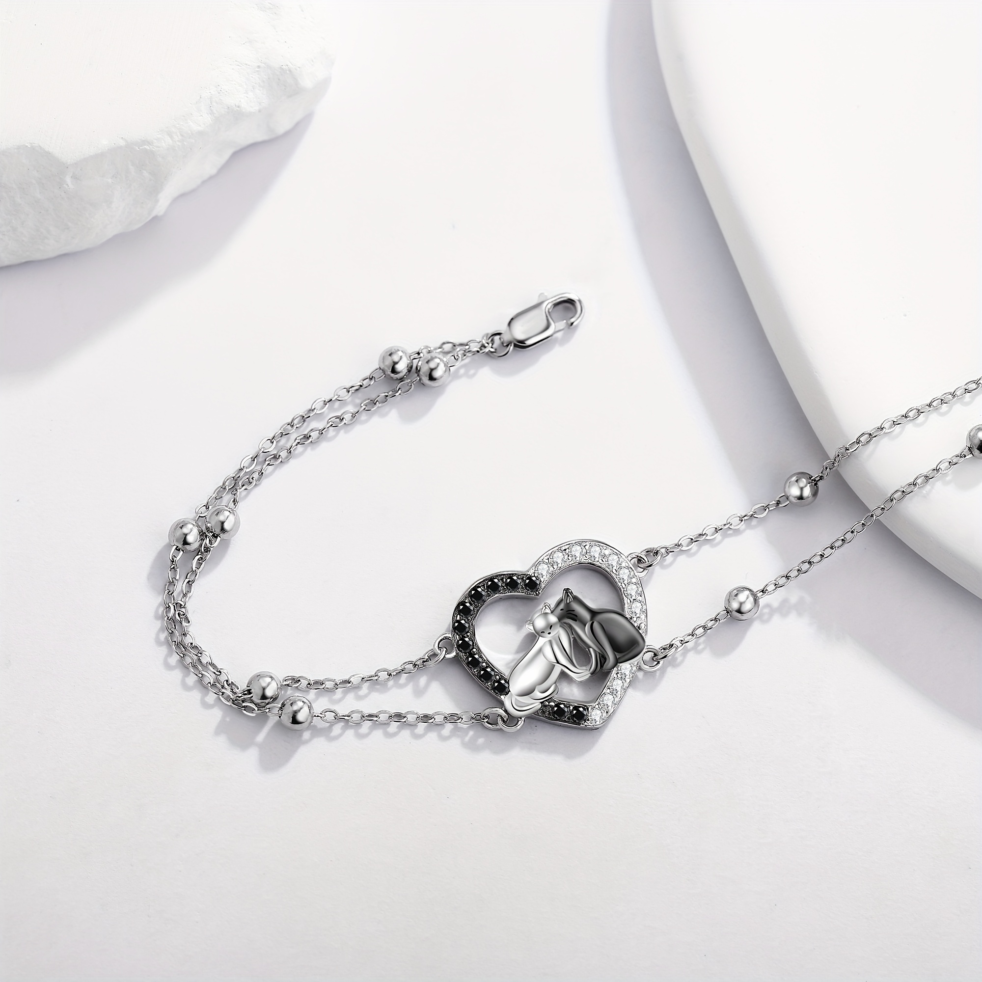 925 Silver Cat Bracelet Heart Double Layered Chain Cat Charms Gift