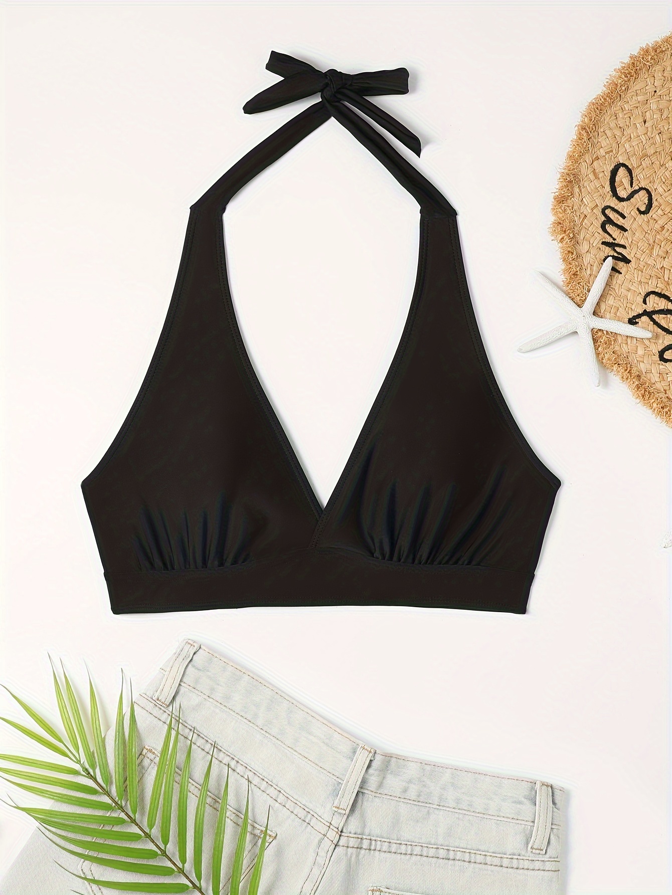  Septangle Women's Solid Black Halter Top Bikini Tie Up Swimsuit  Beach V Neck Bikini Top,Black,US 8 : Clothing, Shoes & Jewelry