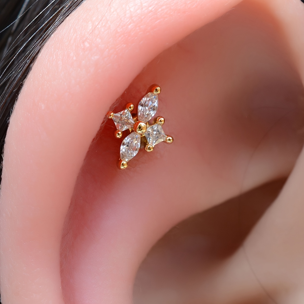 TEMU 2d Flat, 1pc Simple Cubic 5a Zirconia Geometry Cross Flower Tiny Stud Earrings For Women 20g Flat Back Helix Cartilage Earrings Real 18k Gold