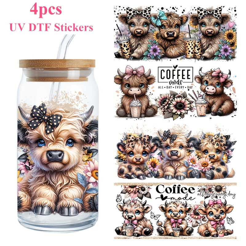 TEMU 4pcs Uv Dtf Highland Cow 3d Transfer Sticker Set, Suitable For Mugs, Bottles, And Glassware - High- Kit With Various Designs, Including Stickers
