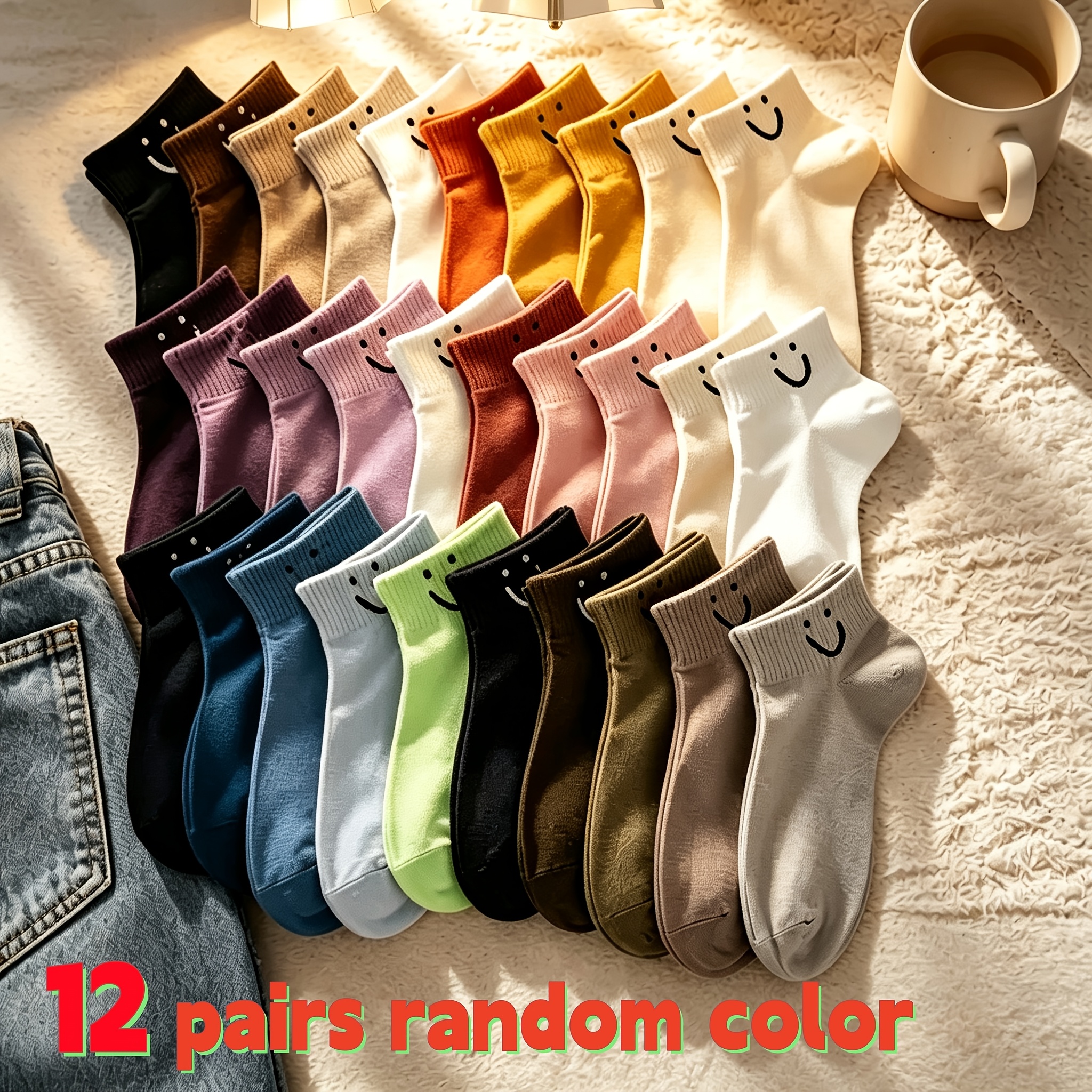 TEMU 12-pair Women's Ankle Socks - Breathable Low-cut Suitable For Wear, Random Colors With & Plain Designs, Machine Washable Everyday Casual Socks