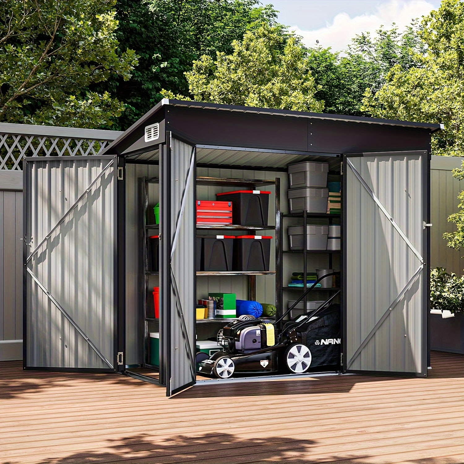 ulsmvoc   ft outdoor storage shed with triple lockable doors metal storage cabinet with   roof for tools bicycles garden equipment ideal for patio courtyard